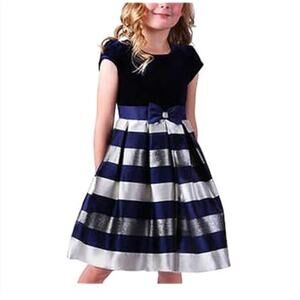 Jona Michelle Girls Special Occasion Blue Velvet Striped A Line Dress